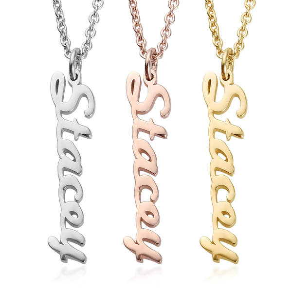 Personalised Vertical Name Necklace in Brass, Font- Freehand521 BT, Size- 18+2"