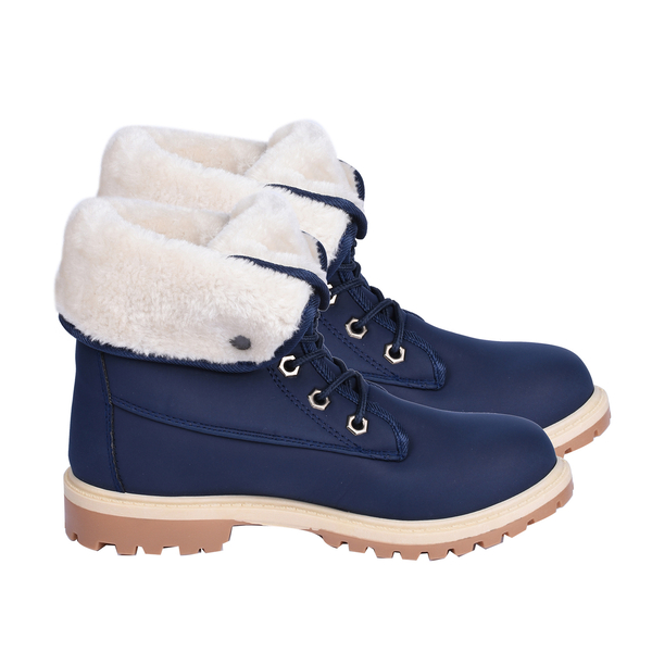 Womens Flat Fur Lined Grip Sole Winter Army Combat Ankle Boots - Navy