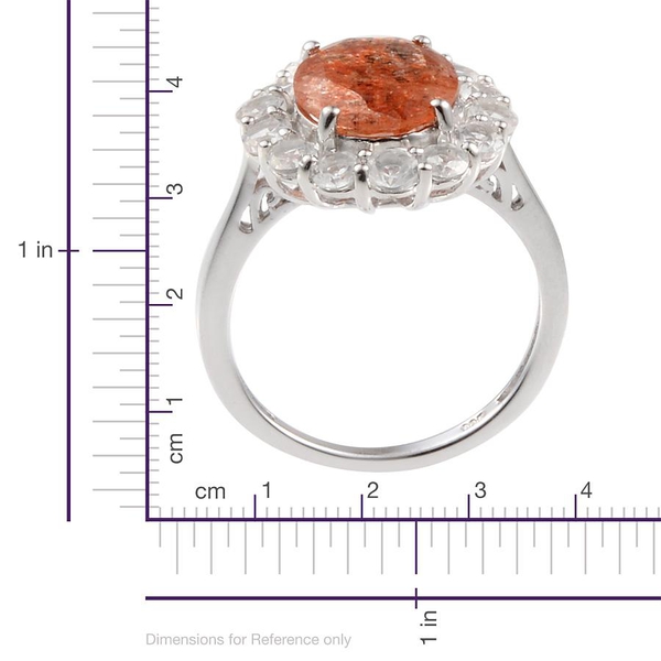 Tanzanian Sun Stone (Ovl 3.50 Ct), White Topaz Ring in Platinum Overlay Sterling Silver 5.250 Ct.