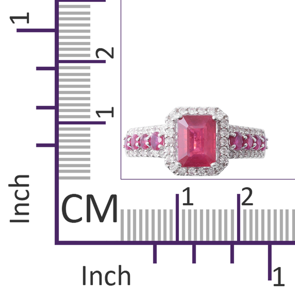 African Ruby (Oct 2.38 Ct), Natural White Cambodian Zircon and Ruby Ring in Rhodium Overlay Sterling Silver 4.050 Ct.