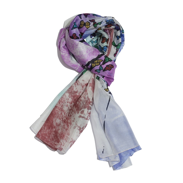 100% Mulberry Silk Butterfly Pattern Purple, White and Multi Colour Scarf (Size 180x100 Cm)
