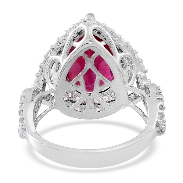 African Ruby (Pear 6.70 Ct), White Zircon Ring in Rhodium Plated Sterling Silver 8.000 Ct.