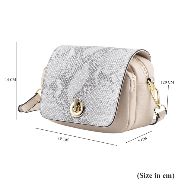 Sencillez - 100% Genuine Leather Snake Pattern Crossbody Bag with Shoulder Strap (Size 19x14x7 Cm) - Cream