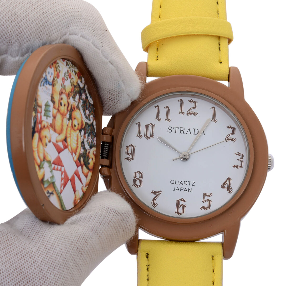 STRADA Japanese Movement White Dial with Teddy Bear Cover Watch in Silver Tone with Yellow Strap