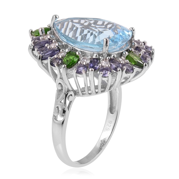 Sky Blue Topaz (Pear 13.75 Ct), Chrome Diopside, Iolite and Natural White Cambodian Zircon Floral Ring in Rhodium Overlay Sterling Silver 16.615 Ct. Silver wt 6.14 Gms.