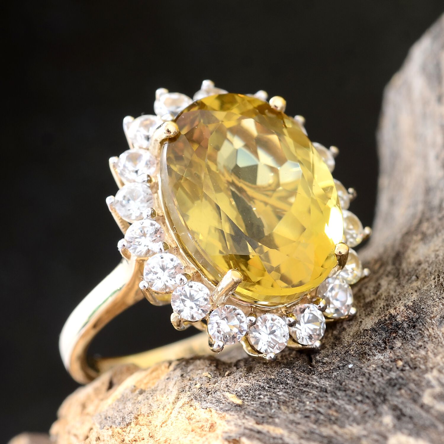 Collectors Edition- 9K Yellow Gold Very Rare Size Madagascar Canary Apatite (Ovl 12.50 Ct), Natural Cambodian Zircon Ring 15.250 Ct.