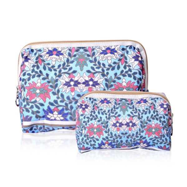 Set of 2 - Blue, Pink and Multi Colour Floral Pattern Cosmetic Bag (Size Large 26X17X9 Cm and Small 