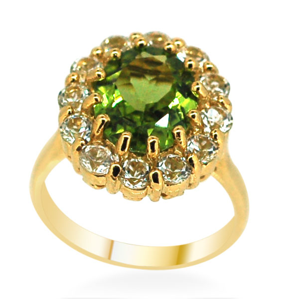 Hebei Peridot (Ovl 4.00 Ct), White Topaz Ring in 14K Gold Overlay Sterling Silver 5.800 Ct.
