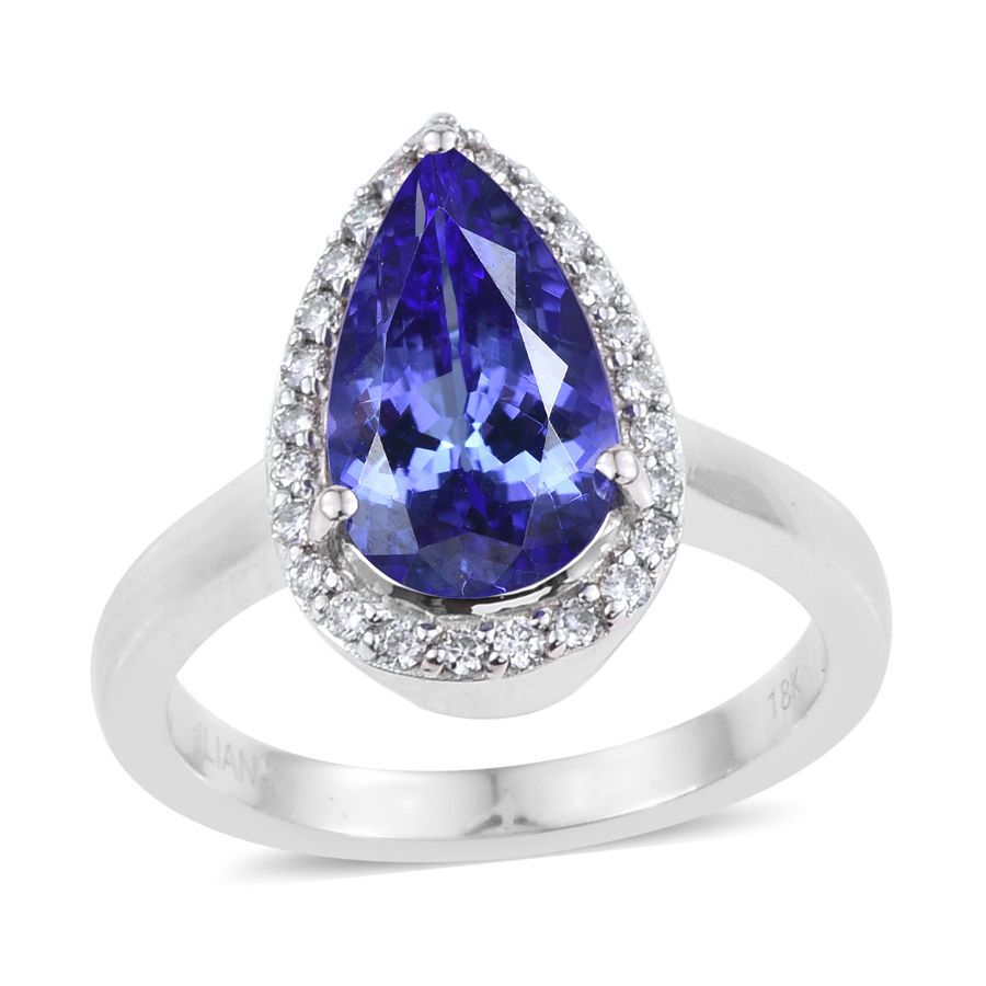 ILIANA 18K White Gold 3.75 Carat AAA Tanzanite Pear Halo Ring with Diamond SI G-H.