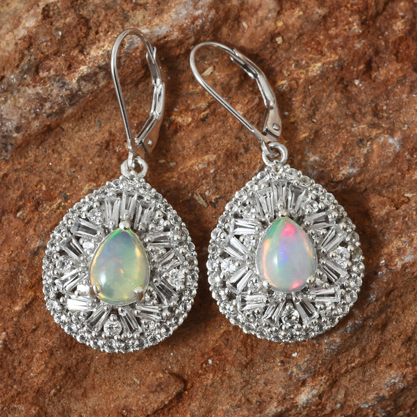 Limited Available- Ethiopian Welo Opal (Pear 9x7 mm), White Topaz Earrings (with Lever Back) in Platinum Overlay Sterling Silver 5.500 Ct, Silver wt 7.08 Gms,