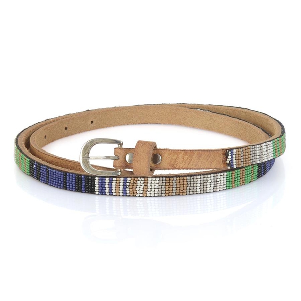 Genuine Leather Handmade Grey, White, Blue and Multi Colour Seed Beaded Belt (Size 110x1.25 Cm)
