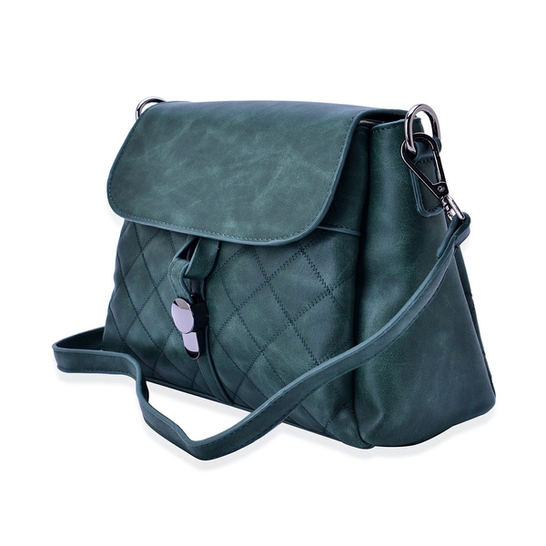 Designer Inspired Green Colour Diamond Cut Pattern Handbag with Adjustable and Removable Shoulder Strap (Size  27.5x21x12 Cm)