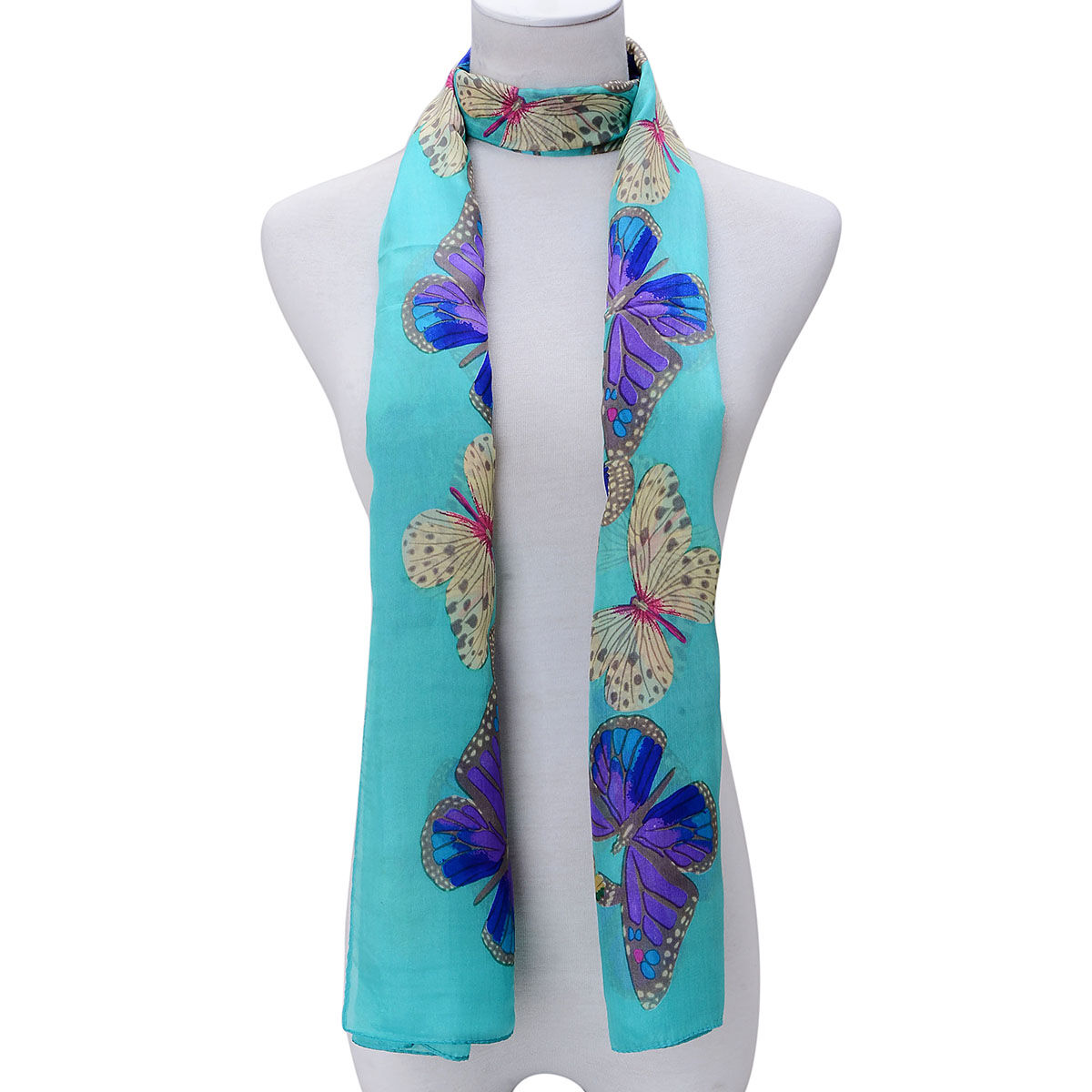 High Quality Mulberry Silk (30-36 GSM) Multi Colour Butterfly Printed Turquoise Colour Scarf (Size 170x100 Cm)