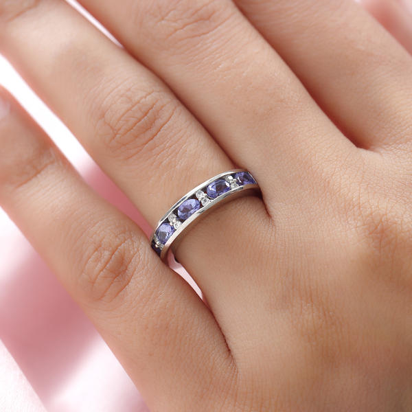 Tanzanite and Natural Cambodian Zircon Half Eternity Ring in Platinum Overlay Sterling Silver 1.14 Ct