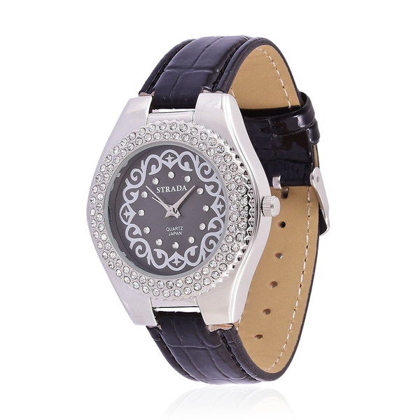 STRADA Japanese Movement White Austrian Crystal Studded Black Dial Water Resistant Watch in Silver T
