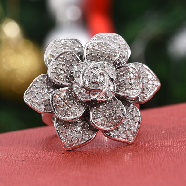 1.50 Carat Diamond Floral Ring in Platinum Plated Sterling Silver 11.56 Grams