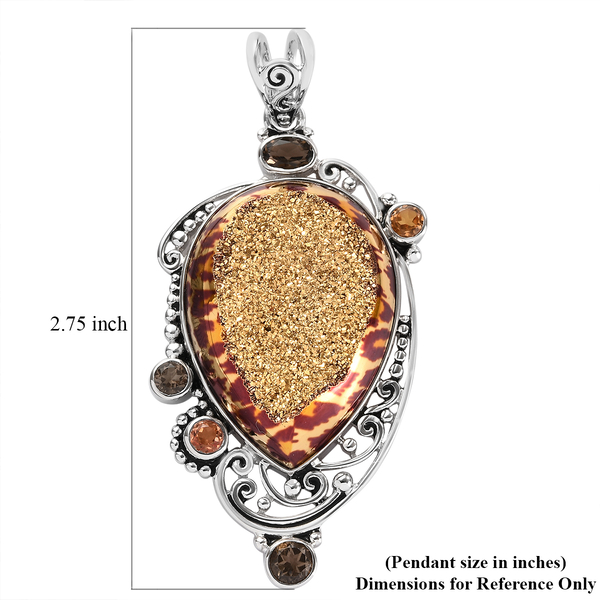 Sajen Silver Leopard Gold Druzy Collection - Window Drusy Astral Leopard Gold, Celestial Quartz, Doublet Celestial Citrine, Pendant in Rhodium Overlay Sterling Silver 48.55 Ct, Silver Wt 11.13 Gms