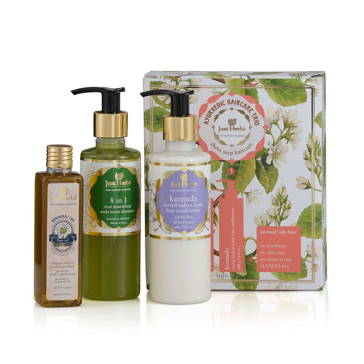 (Option 1) Just Herbs 8 In 1 Root Nourishing Amla Neem Shampoo (200ml), Bhringraj Tail (100ml) and Kumuda Conditioner ( oily hair - hairfall) (200g)