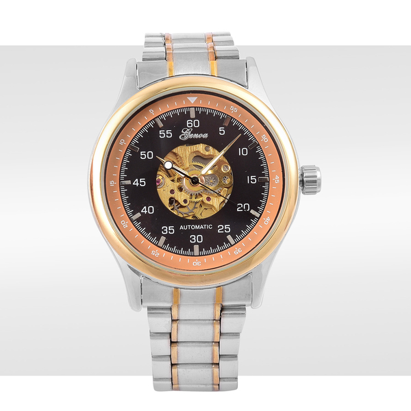 GENOA Automatic Skeleton Black Dial Watch in Yellow Gold and Silver Tone with Stainless Steel and Glass Back