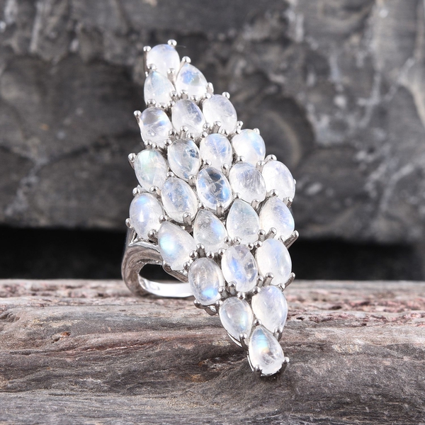 Natural Rainbow Moonstone (Ovl) Cluster Ring in Platinum Overlay Sterling Silver 12.250 Ct.