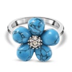 Blue Howlite and White Austrian Crystal Floral Ring (Size N) in Stainless Steel