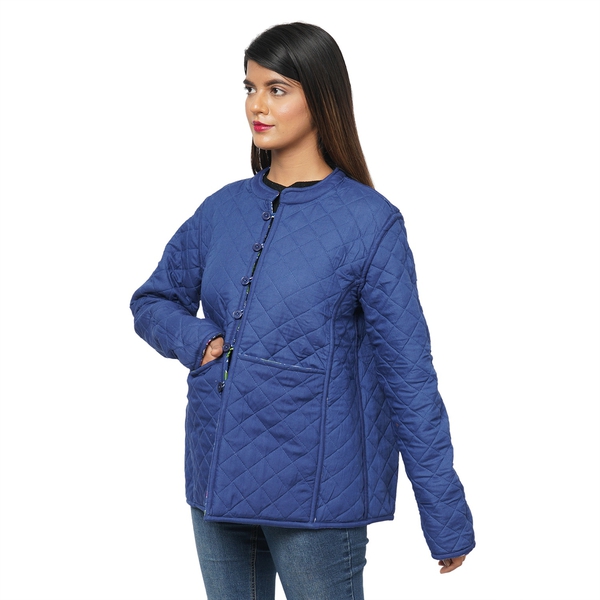 Handmade Printed Reversible Quilted Full-Sleeves Short Jacket in Navy - (Size S,10 )
