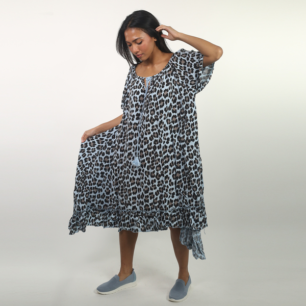 NOVA of London Leopard Print Frill Hem Dress in Light Blue and Black (Size up to 20)