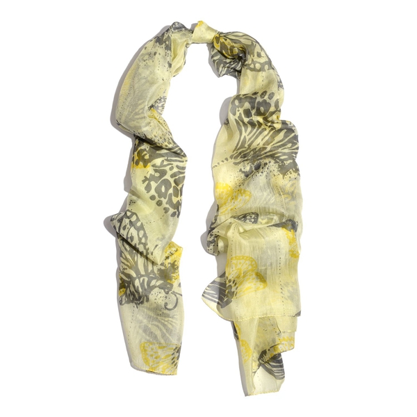 100% Mulberry Silk Green and Multi Colour Butterfly Printed Yellow Colour Scarf (Size 180x100 Cm)