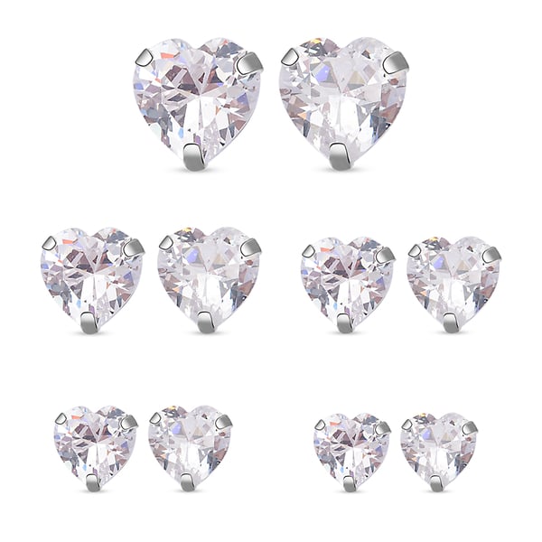 Set of 5 - ELANZA Simulated Diamond Heart Stud Earrings (with Push Back) in Sterling Silver