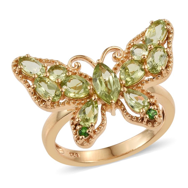 AA Hebei Peridot (Mrq 0.70 Ct), Chrome Diopside Butterfly Ring in 14K Gold Overlay Sterling Silver 3