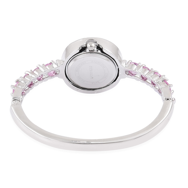 New Concept - STRADA Japanese Movement White Dial Bangle Watch in Silver Tone with White Austrian Crystal and Simulated Pink Colour Diamond. (Size 7.5)