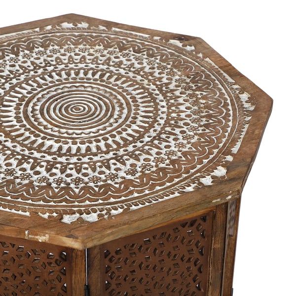 Hand Carved Octagon Shape Mango Wood Table (Size 66x66x56 Cm)