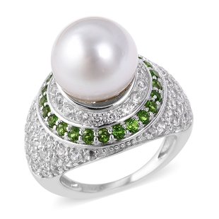 White South Sea Pearl and Multi Gemstone Halo Ring in Rhodium Plated Silver 7.24 Grams
