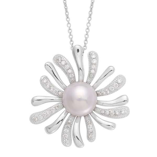 Fresh Water White Pearl and Simulated White Diamond Pendant in Silver Tone with Stainless Steel Chai