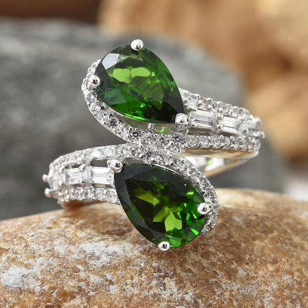 Chrome Diopside (Pear), Natural Cambodian Zircon By Pass Ring in Platinum Overlay Sterling Silver 4.750 Ct.