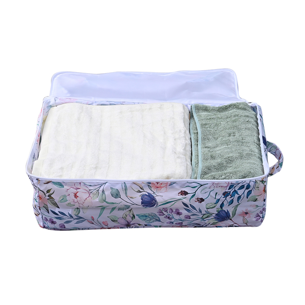 SERENITY NIGHT Floral Pattern Stretching Double Layer Storage Bag with Zipper Closure (Size:51x37x40Cm) - White and Multi