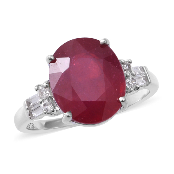 7.62 Ct African Ruby and Cambodian White Zircon Solitaire Ring in Rhodium Plated Sterling Silver