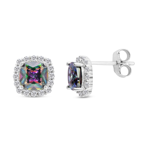 ELANZA Simulated Mystic Topaz and Simulated Diamond Stud Earrings (With Push Back) in Rhodium Overlay Sterling Silver