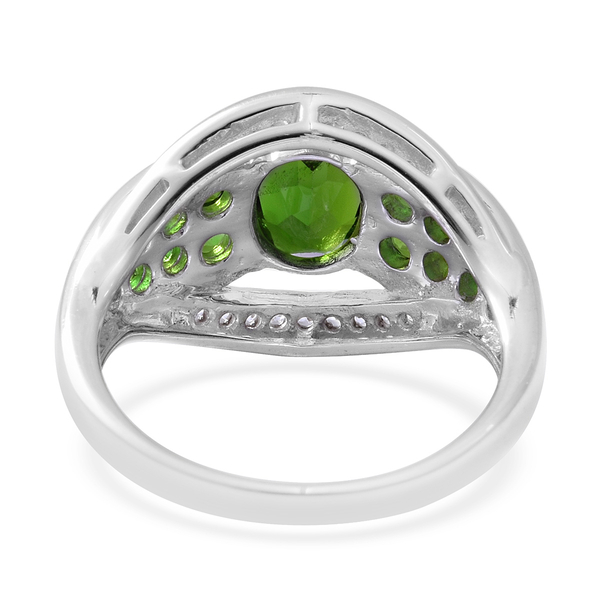 Chrome Diopside (Ovl 9x6 mm), Natural Cambodian White Zircon Ring in Rhodium Overlay Sterling Silver 3.29 Ct, Silver wt 5.85 Gms.