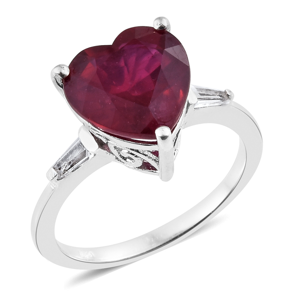 8.50 Ct African Ruby and Topaz Solitaire Heart Ring in Platinum Plated Silver