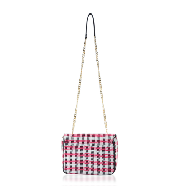 Black, White and Rose Red Colour Check Pattern Shoulder Bag (Size 24x20x8 Cm)