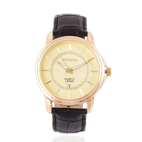 STRADA Japanese Movement Golden Dial Watch in Yellow Gold Tone with Stainless Steel Back and Black C