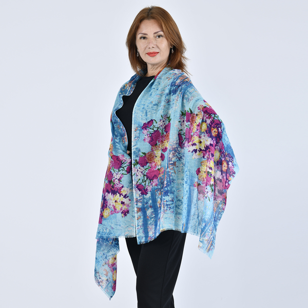 LA MAREY 100% Wool Floral Pattern Scarf (Size 67x190cm) - Turquoise