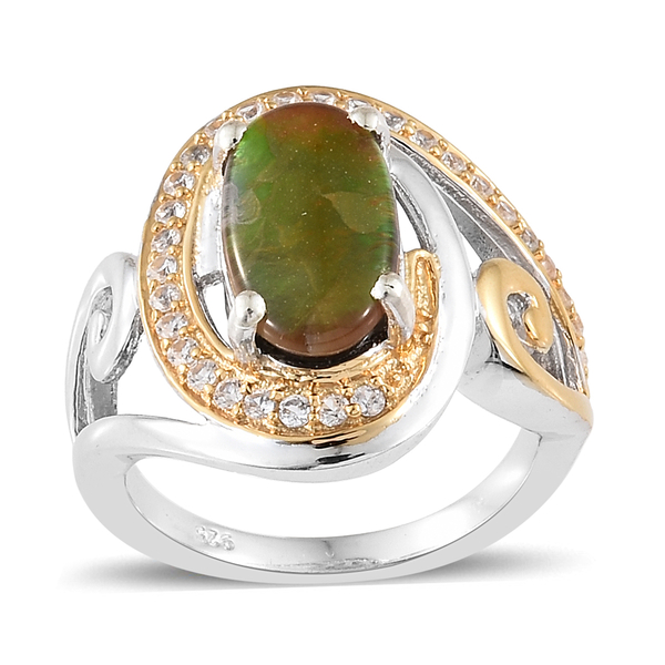 2.50 Ct AA Canadian Ammolite and Zircon Classic Ring in Platinum and Gold Plated Sterling Silver