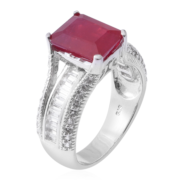 African Ruby ( Oct 7.35 Ct), White Topaz Ring in Rhodium Overlay Sterling Silver 8.850 Ct, Silver wt 5.93 Gms.