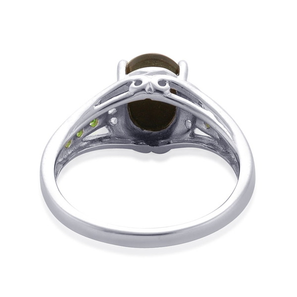 Canadian Ammolite (Ovl 1.50 Ct), Chrome Diopside and White Topaz Ring in Rhodium Plated Sterling Silver 1.750 Ct.