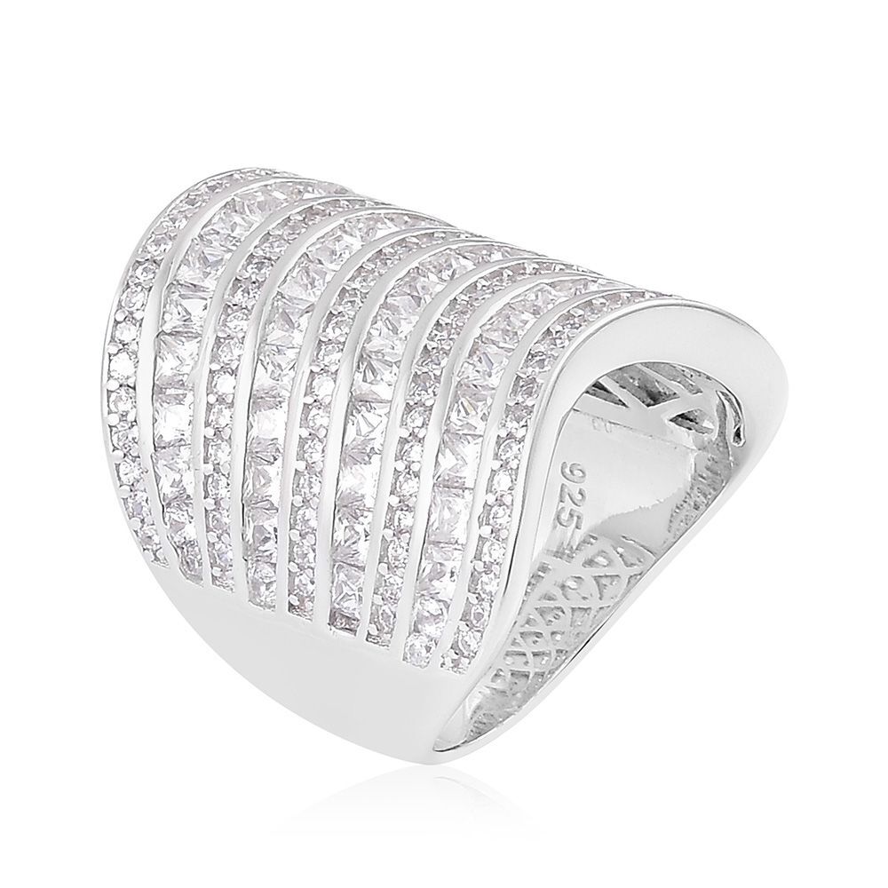 Designer Inspired-ELANZA Simulated White Diamond Wide Band Ring in Rhodium Plated Sterling Silver