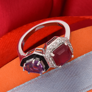 GP African Ruby (FF), Amethyst and Multi Gemstone Enamelled Ring in Platinum Overlay Sterling Silver