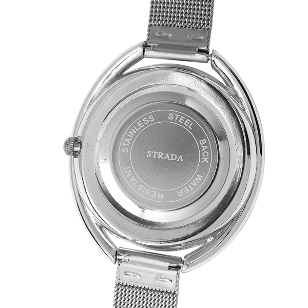 STRADA Japanese Movement White Dial Blue Crystal Studded Water Resistant Watch with Silver Colour Mesh Belt