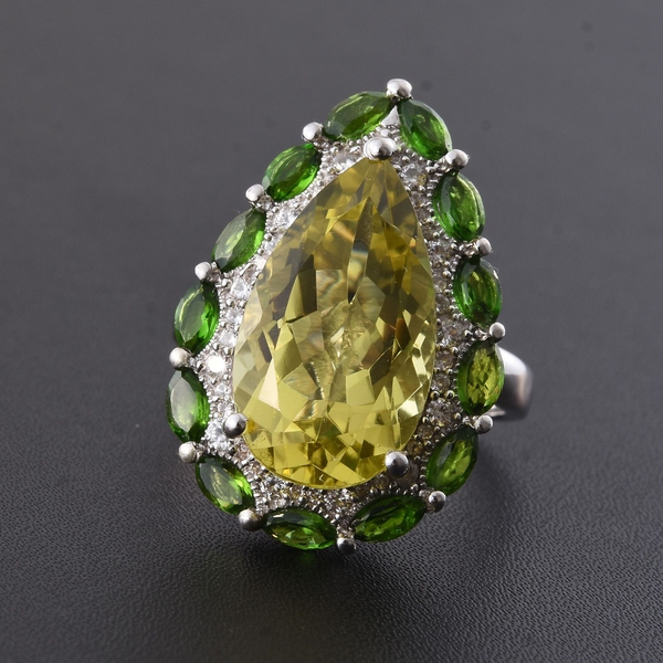 Brazilian Green Gold Quartz (Pear 13.00 Ct), Chrome Diopside and Natural Cambodian Zircon Ring in Platinum Overlay Sterling Silver 15.750 Ct., Silver wt 8.41 Gms.